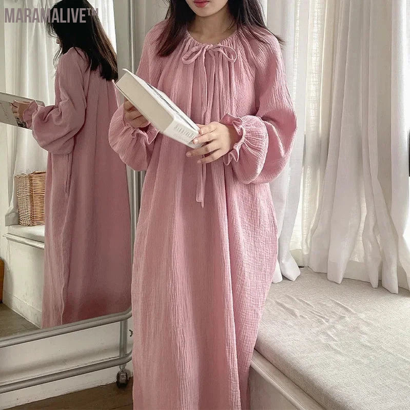 100% Cotton Women Dress Floral Casual Long-Sleeved Bandage Tie Up Oversized Loose Soft Comfortable Home Clothes Outside