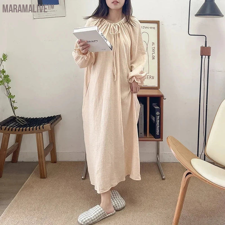 100% Cotton Women Dress Floral Casual Long-Sleeved Bandage Tie Up Oversized Loose Soft Comfortable Home Clothes Outside