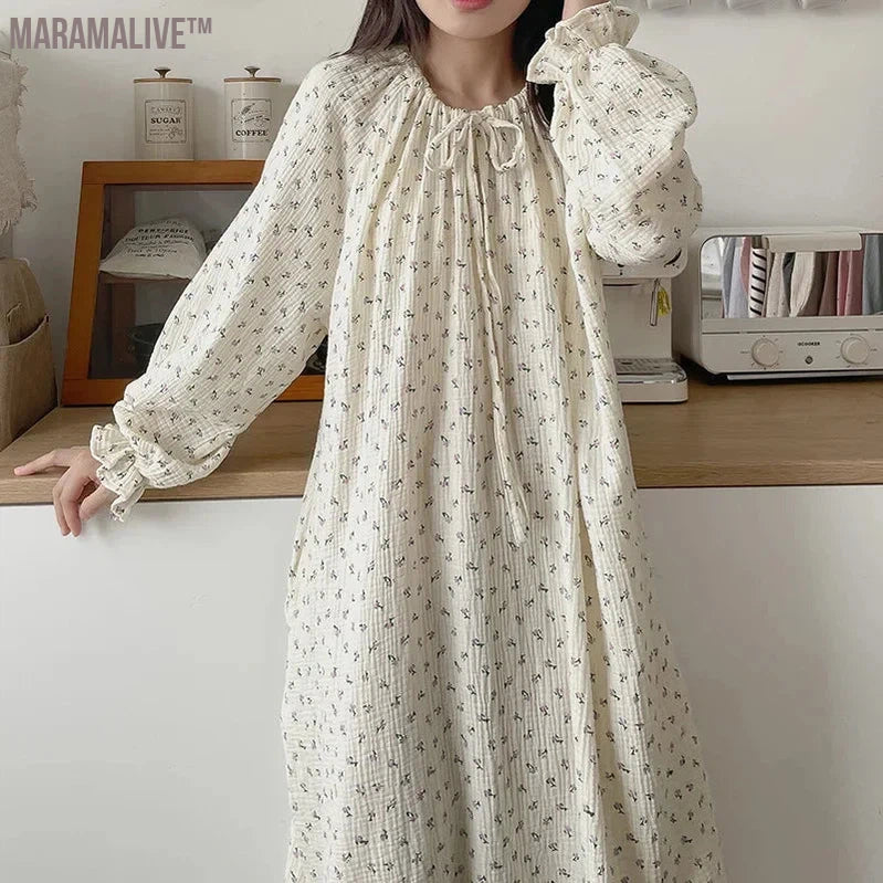 100% Cotton Women Dress Floral Casual Long-Sleeved Bandage Tie Up Oversized Loose Soft Comfortable Home Clothes Outside