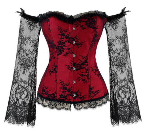 A Steampunk Gothic Lace Floral Off Shoulder Party Corset with long sleeves. (Maramalive™)