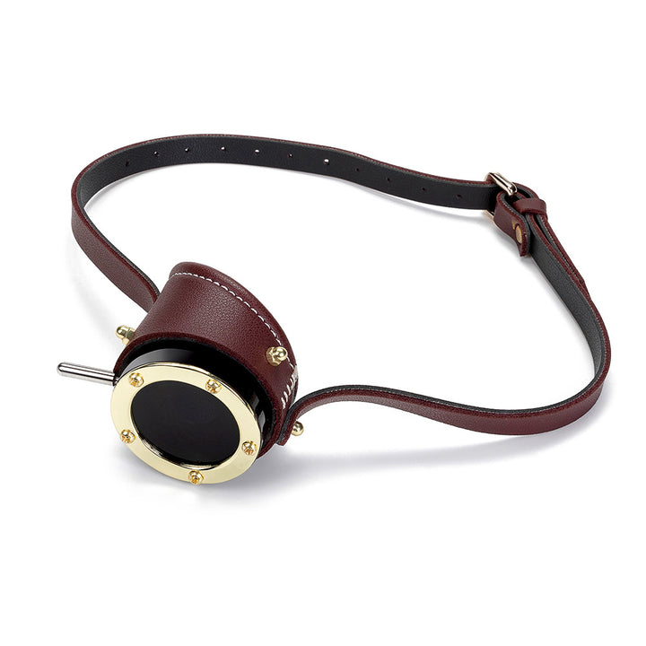 A burgundy leather strap with Halloween Steampunk Retro Goggles attached to it. (Brand Name: Maramalive™)