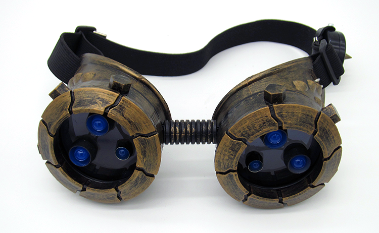 A man wearing a Maramalive™ BadBoyStudio steampunk glasses cyber glow mask gas mask with glowing blue eyes.