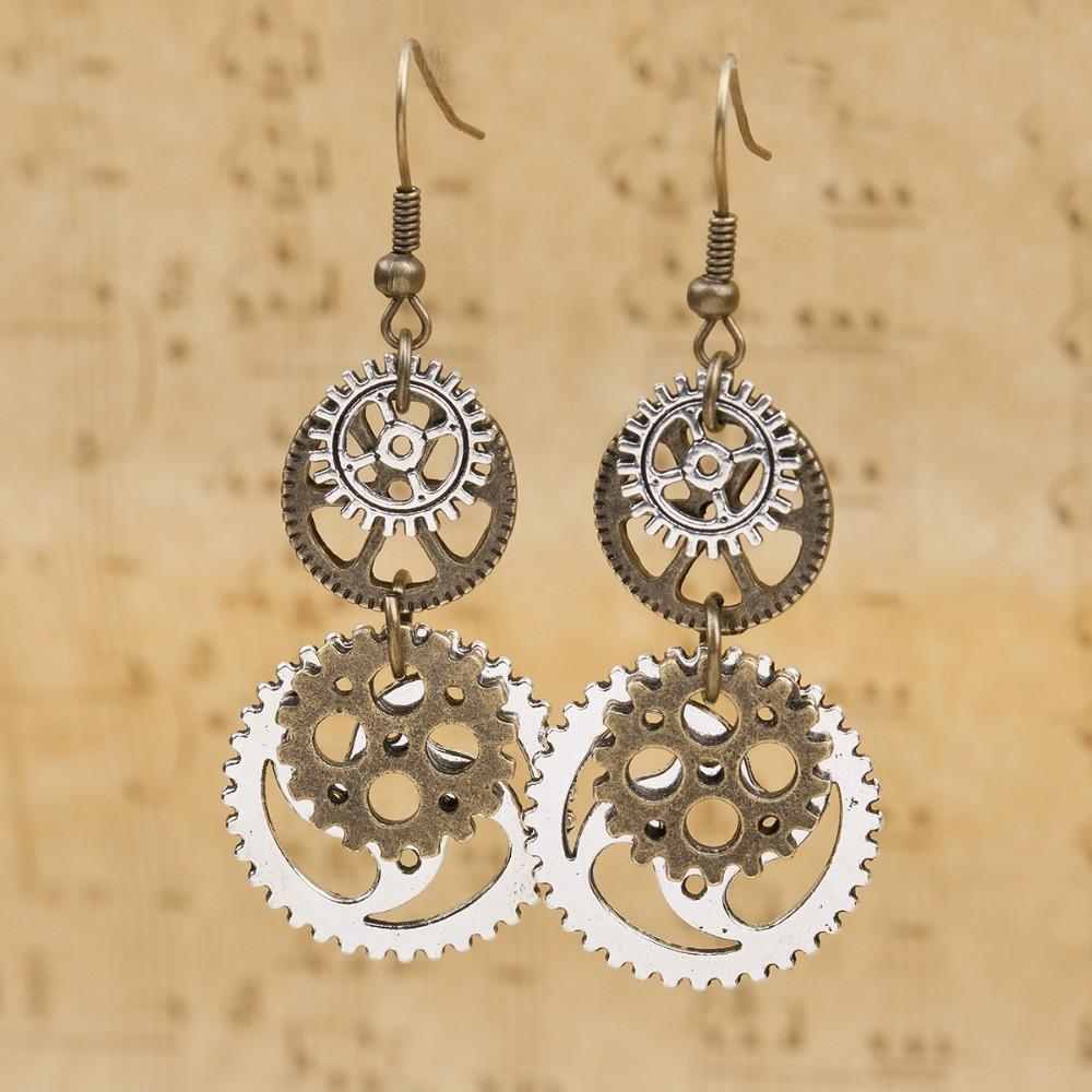 A pair of Maramalive™ Bronze Steampunk Earrings with gears on them.