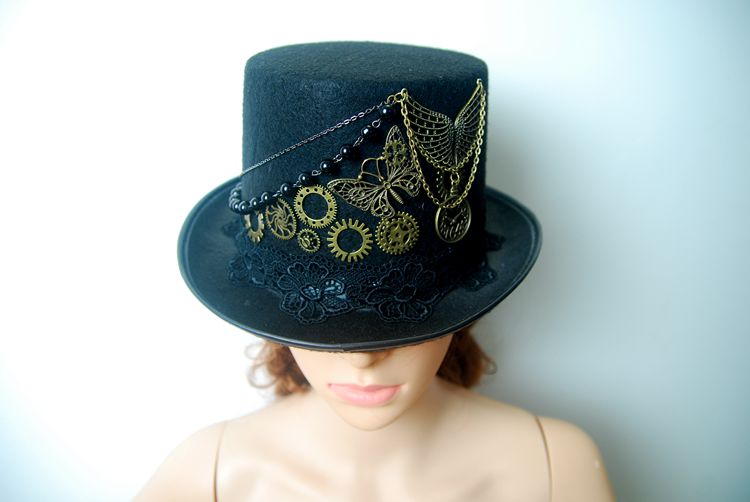 A woman wearing a Maramalive™ Steampunk bowler hat.