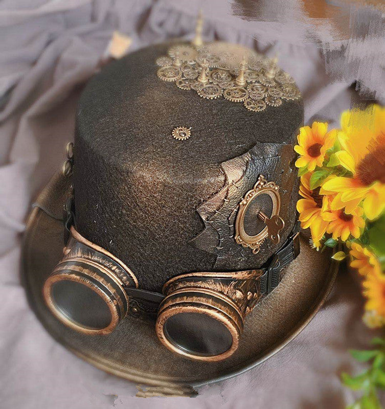 Maramalive™ Steampunk Lolita Removable Glasses Metal Gear Leather hat with goggles and sunflowers.