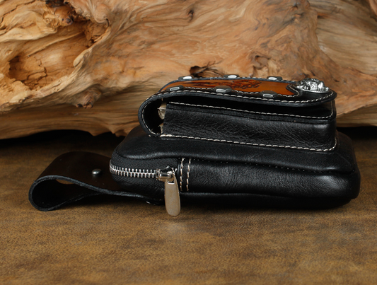 A Maramalive™ Mens Leather Pouch Belt Biker Hiking Camp Phone Pocket Waist Fanny Bag sitting on top of a piece of wood.