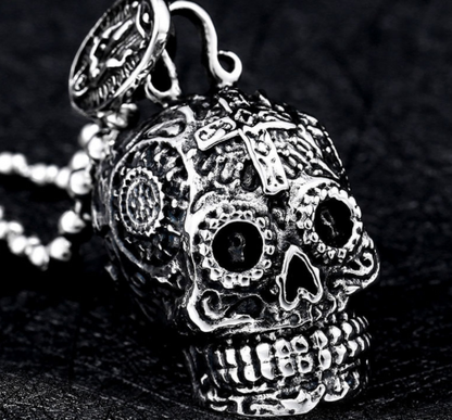 A Gothic Skull Pendant Necklace on a black background, brand Maramalive™