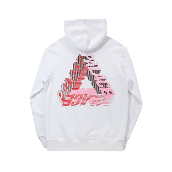 White **Phantom hoodie** with a large graphic design on the back, featuring the word "PALACE" repeated in shades of pink and black, forming a triangular pattern. Perfect for autumn and winter, this piece blends youth fashion with a touch of hip hop flair. From **Maramalive™**.