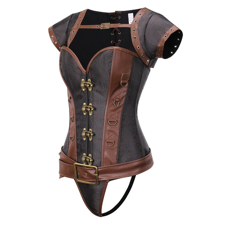 A sexy woman in a Gothic Costume Corset - Steampunk Cosplay Bustier by Maramalive™ and brown corset.