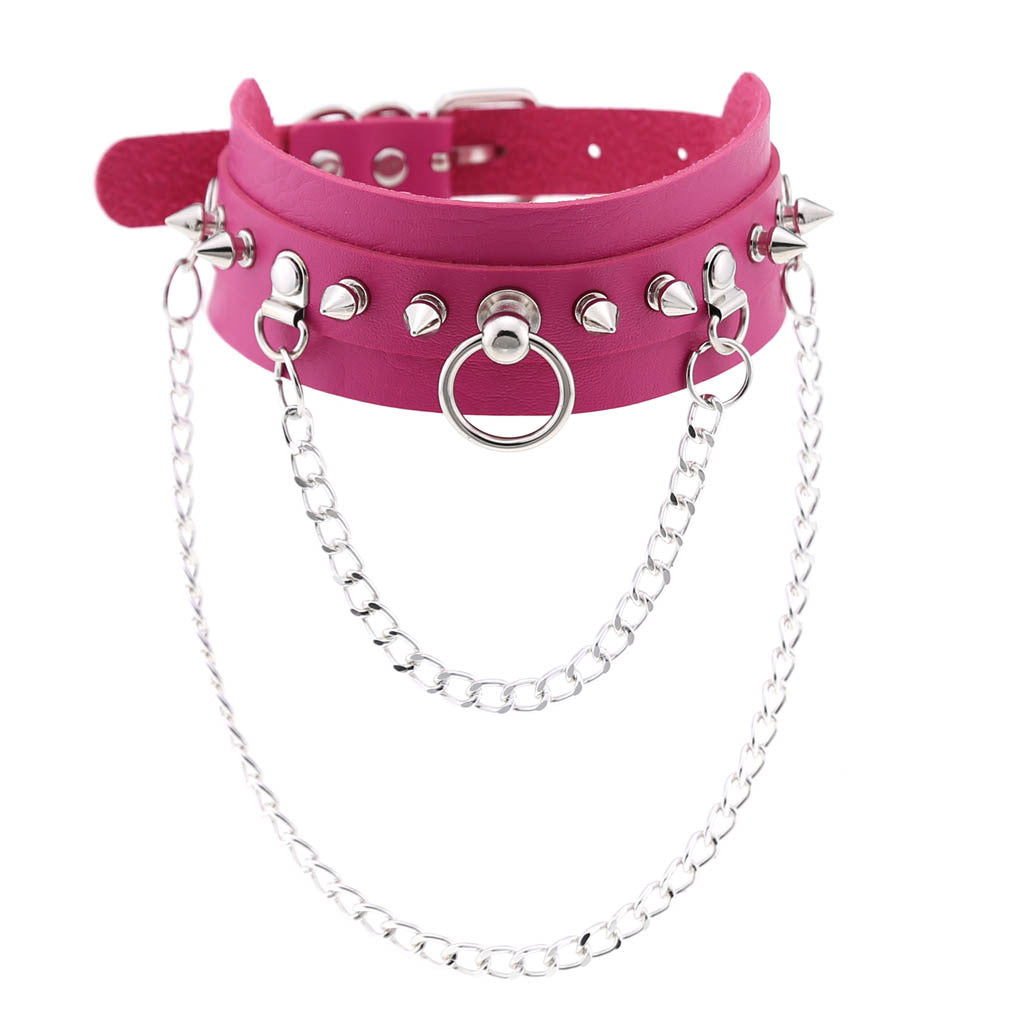 A variety of Maramalive™ Punk Gothic Leather Horn Rivet Collar Personalized Hanging Ring Plus Lock Neck chokers with chains made from PVC leather.