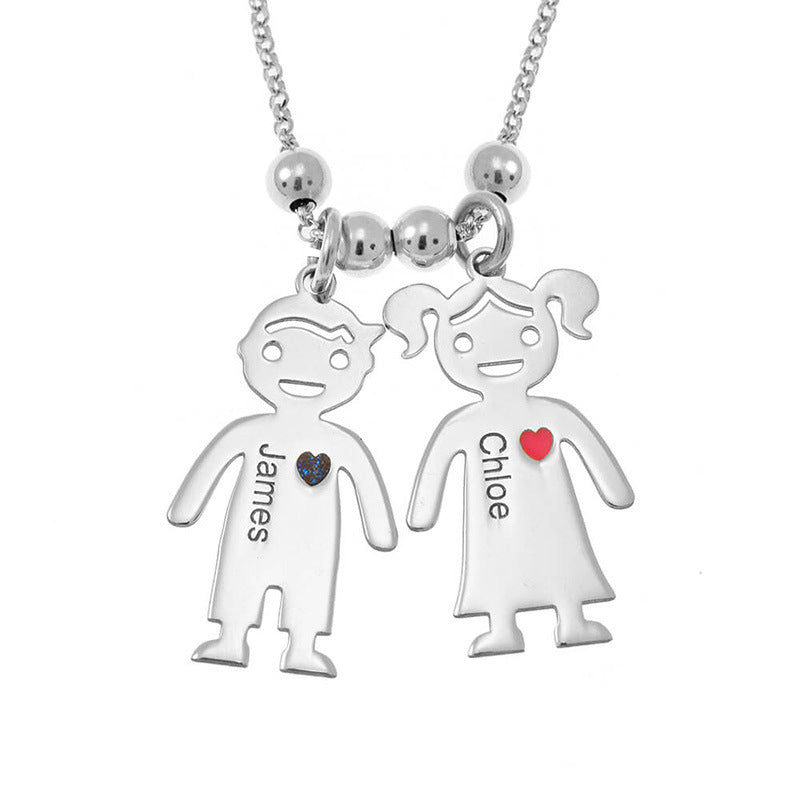 A Maramalive™ Personalized custom name necklace Fun and Symbolic, Keepsake Forever with a boy and a girl with hearts on it.