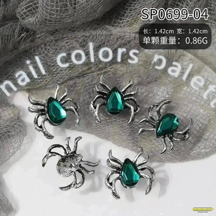 10Pcs Halloween Alloy Collection: 3D Gem Spider, Skull and Ghost Hand Nail Art Charm - Spooky, Gothic Nail Ornaments for Dynamic Style