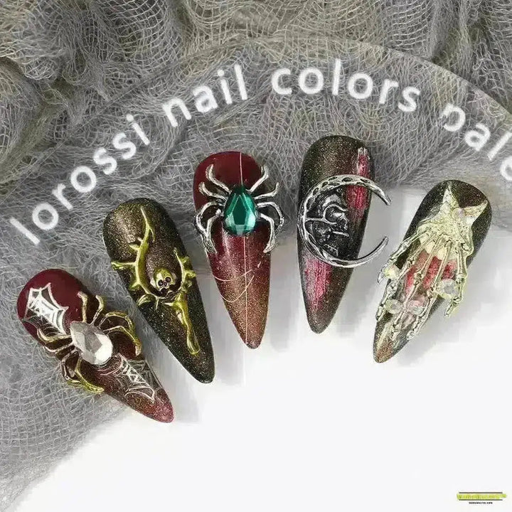 10Pcs Halloween Alloy Collection: 3D Gem Spider, Skull and Ghost Hand Nail Art Charm - Spooky, Gothic Nail Ornaments for Dynamic Style