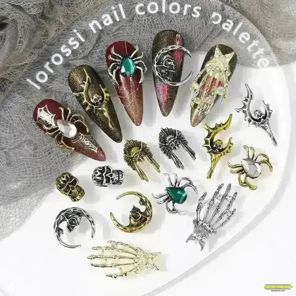 10Pcs Halloween Alloy Collection: 3D Gem Spider, Skull and Ghost Hand Nail Art Charm - Spooky, Gothic Nail Ornaments for Dynamic Style