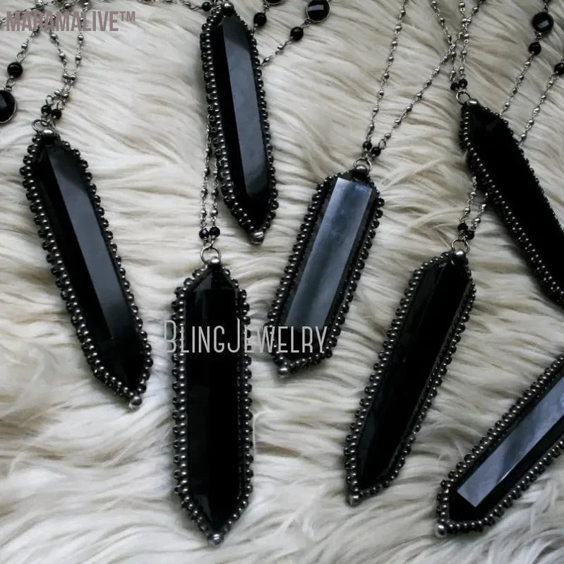 10pcs Large Black Obsidian Crystal Point Necklace Witch Pendulum Halloween Goth Stainless Steel Women Steampunk Emo Y2K Jewelry