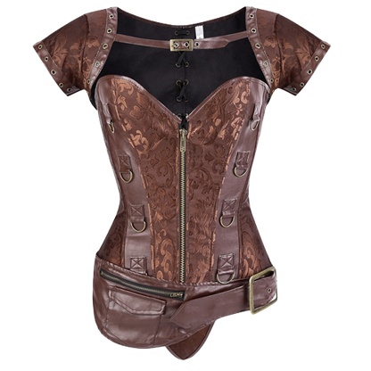 A sexy woman in a Gothic Costume Corset - Steampunk Cosplay Bustier by Maramalive™ and brown corset.
