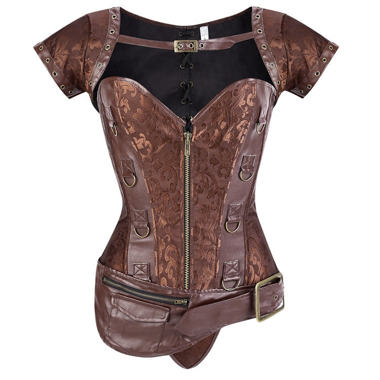 A sexy woman in a Gothic Costume Corset - Steampunk Cosplay Bustier by Maramalive™ and brown corset.