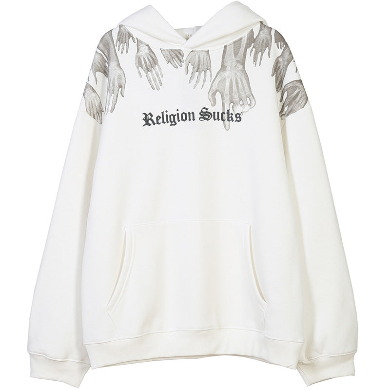 White Maramalive™ HOODIE ghost hand fleece hoodie featuring the text "Religion Sucks" on the front, made from soft cotton fabric, with a graphic of hands and arms reaching out from the hood and shoulders. Note that it runs in Asian sizes—please refer to our size chart for the best fit.