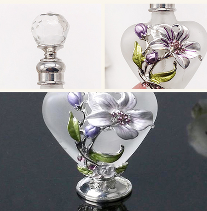 A Vintage Heart Shape Empty Refillable Metal Glass Maramalive™ Perfume Bottle Gift with roses on it.