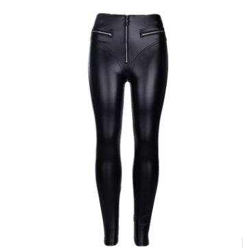 The back of a woman wearing Maramalive™ High Waist Gothic Black PU Leather Leggings Women Zipper Front Workout Jeggings in various sizes and colors.