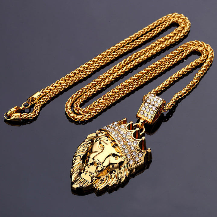 A Maramalive™ Hip Hop Animal Lion King Crown Pendant Necklace Man Steampunk Gold Color Alloy 75cm Chain Inlay Rhinestone Fashion Jewelry WE02 with a lion head on it.