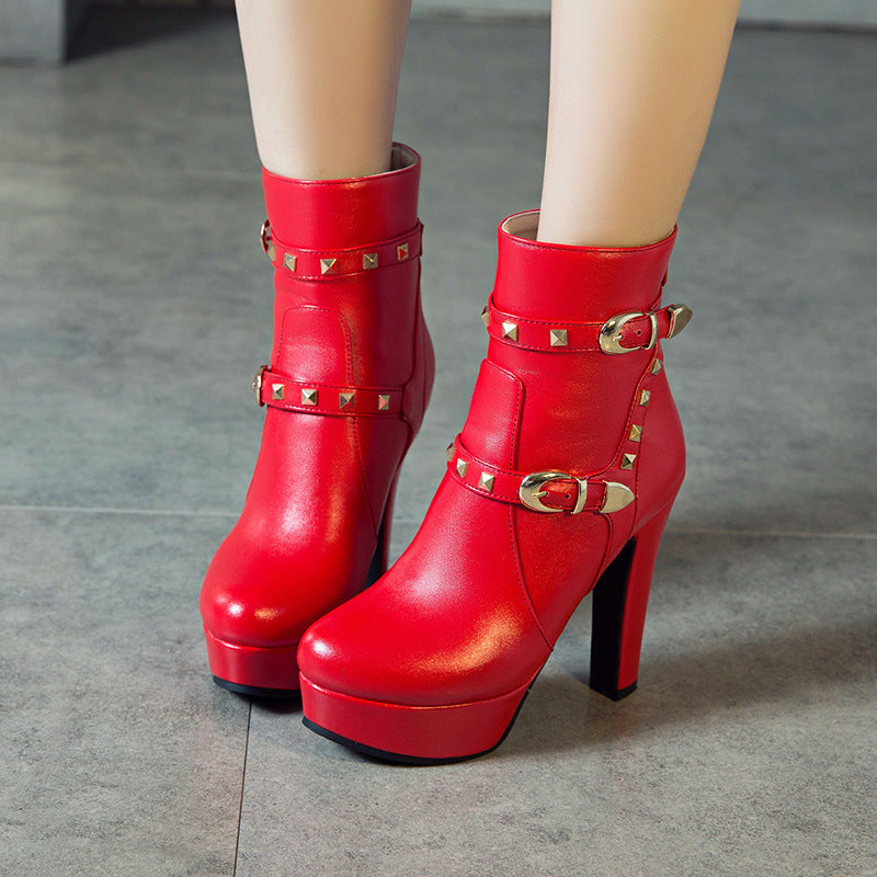 Women's studded thick heel short boots