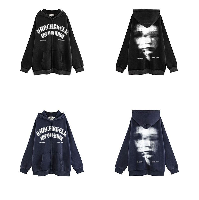 Two Maramalive™ Old Dark Shadow Portrait Design Velvet Thickened Hooded Sweatshirts with a front pocket and text "UNCHAINED A10" on the front. The back features a blurred face graphic and additional text. Made from composite Austrian fleece, each sweatshirt is shown from front and back angles, perfect for street fashion enthusiasts this winter season.