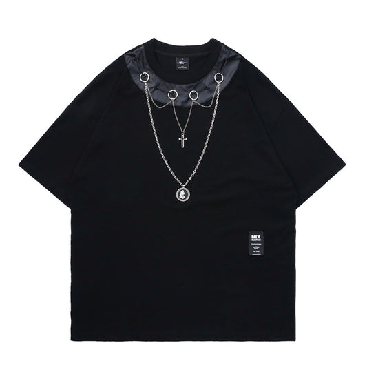 A Jet-Black Jewel: Summer Men's New Gothic Style Dark Black Short Sleeve t-shirt with a chain necklace on it from Maramalive™.