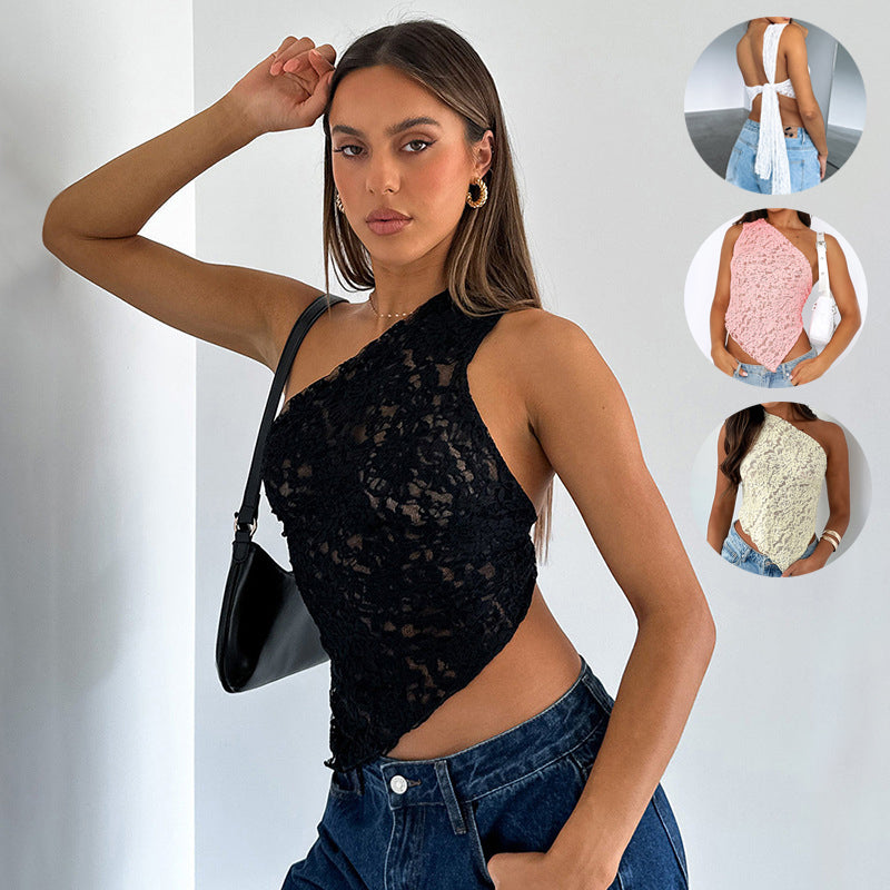 A woman posing in a black, asymmetrical lace top, with her left hand touching her head. She is also wearing jeans and carrying a black shoulder bag, embodying the street hipster style. Three smaller images show different colors of the same Maramalive™ Ins Lace Backless Top Summer Solid Color Waistless Asymmetrical Sloped Neck Vest Streetwear Womens Clothes.