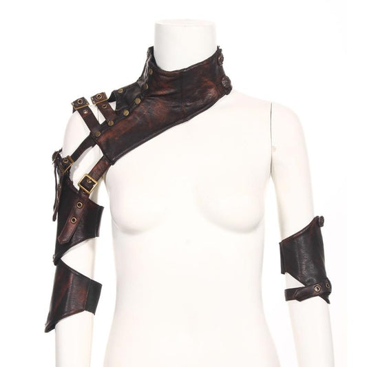 A Medieval Inspired Steampunk Arm Armor by Maramalive™ with a leather shoulder sleeve.
