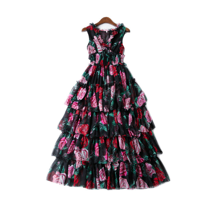 A black and pink Rose print princess dress by Maramalive™ hangs on a hanger.