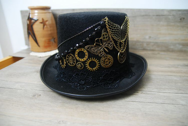 A woman wearing a Maramalive™ Steampunk bowler hat.