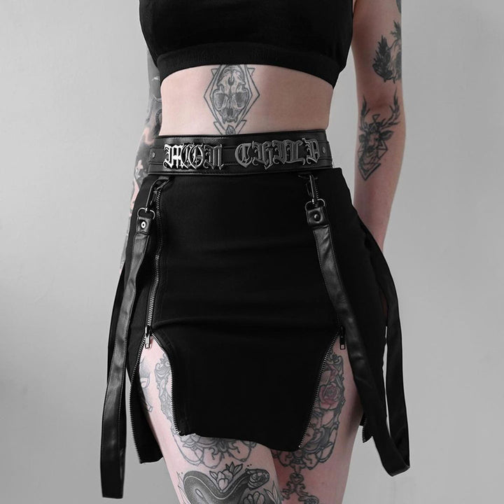 A woman with tattoos wearing a black Maramalive™ Double Zipper Bag Hip Gothic Design Women's Skinny Skirt.