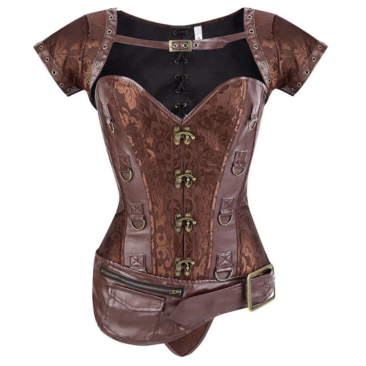 A sexy woman in a Gothic Costume Corset - Steampunk Cosplay Bustier by Maramalive™ and brown corset.