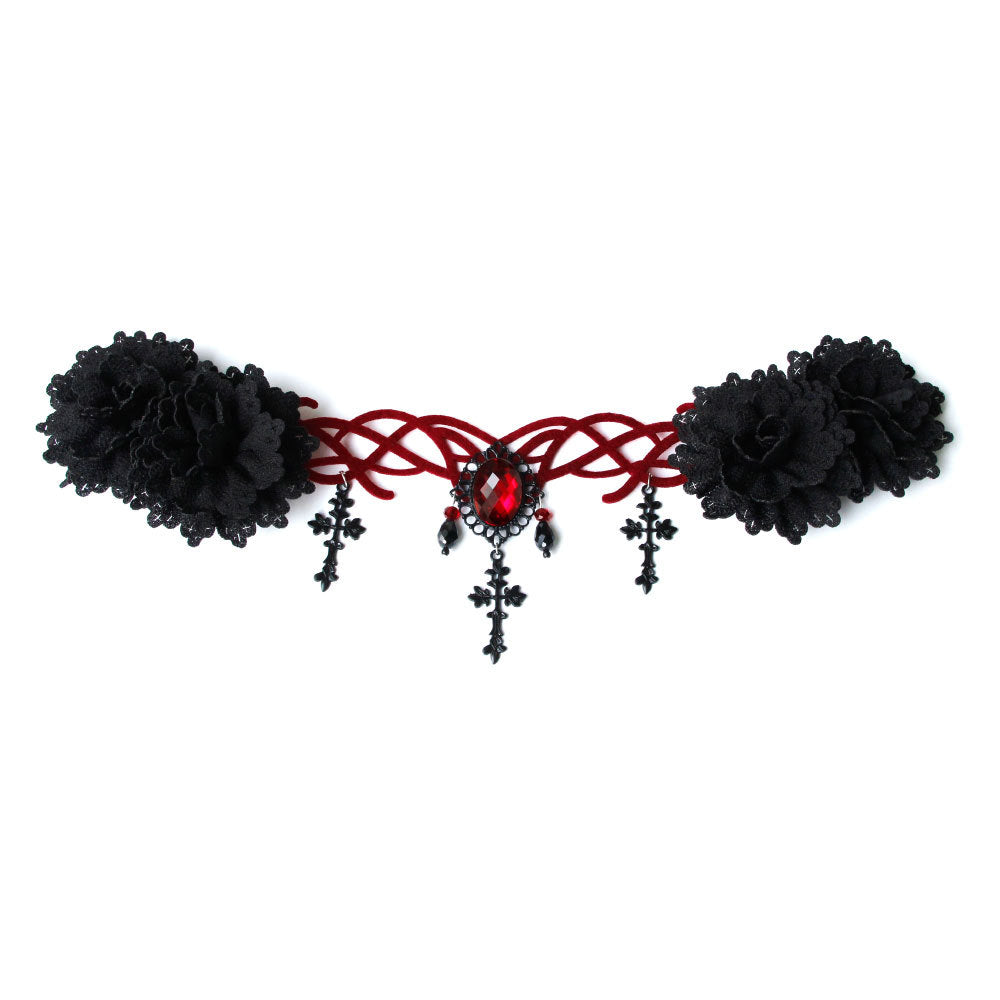 A mannequin displaying a Gothic Style Vampire Death Role Playing Cross Headdress by Maramalive™ in black attire with red jewelry.