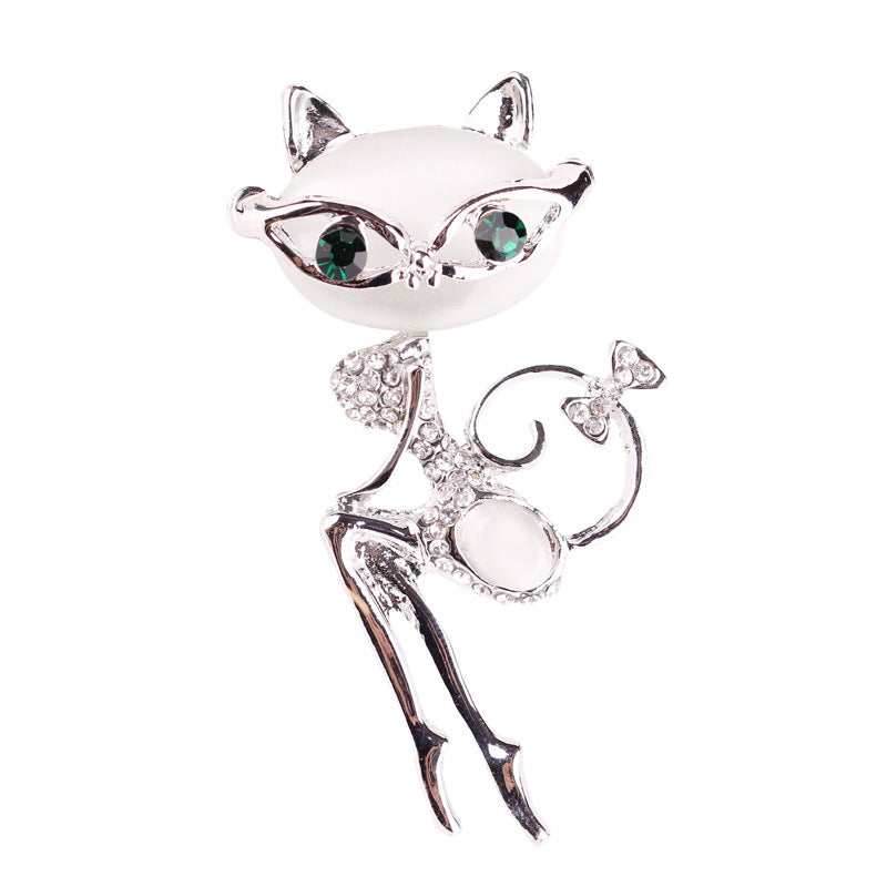 Cat Silver Brooches Rrhinestone Jewelry