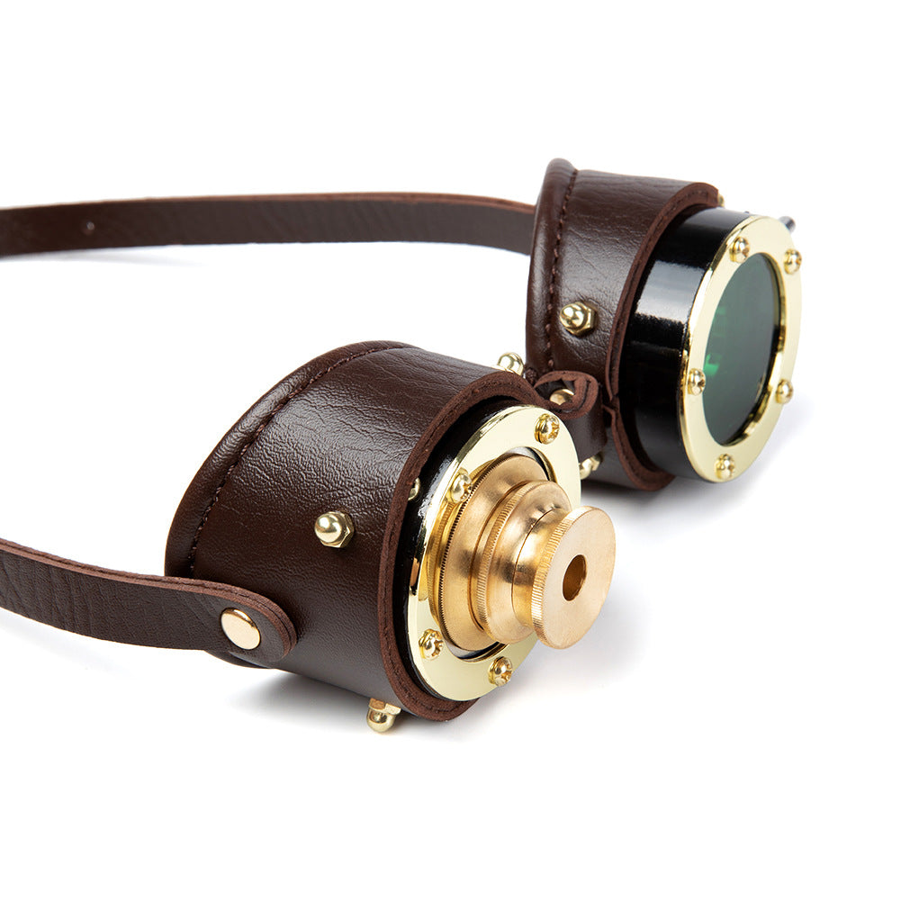 A pair of Steampunk metal glasses with a green lens, branded as Maramalive™.