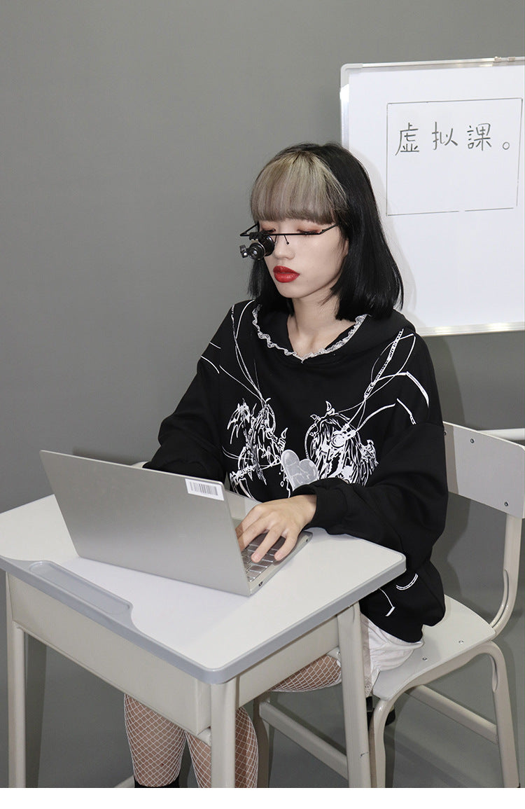A gothic girl wearing a Maramalive™ Sports And Leisure Printing Street Hooded Top Gothic Sailor Moon Sweater.