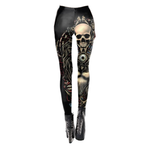 A woman adding a Gothic flair to her outfit with a pair of Maramalive™ Gothic Women's Leggings - Dark Mystic tight pants featuring a skull design.