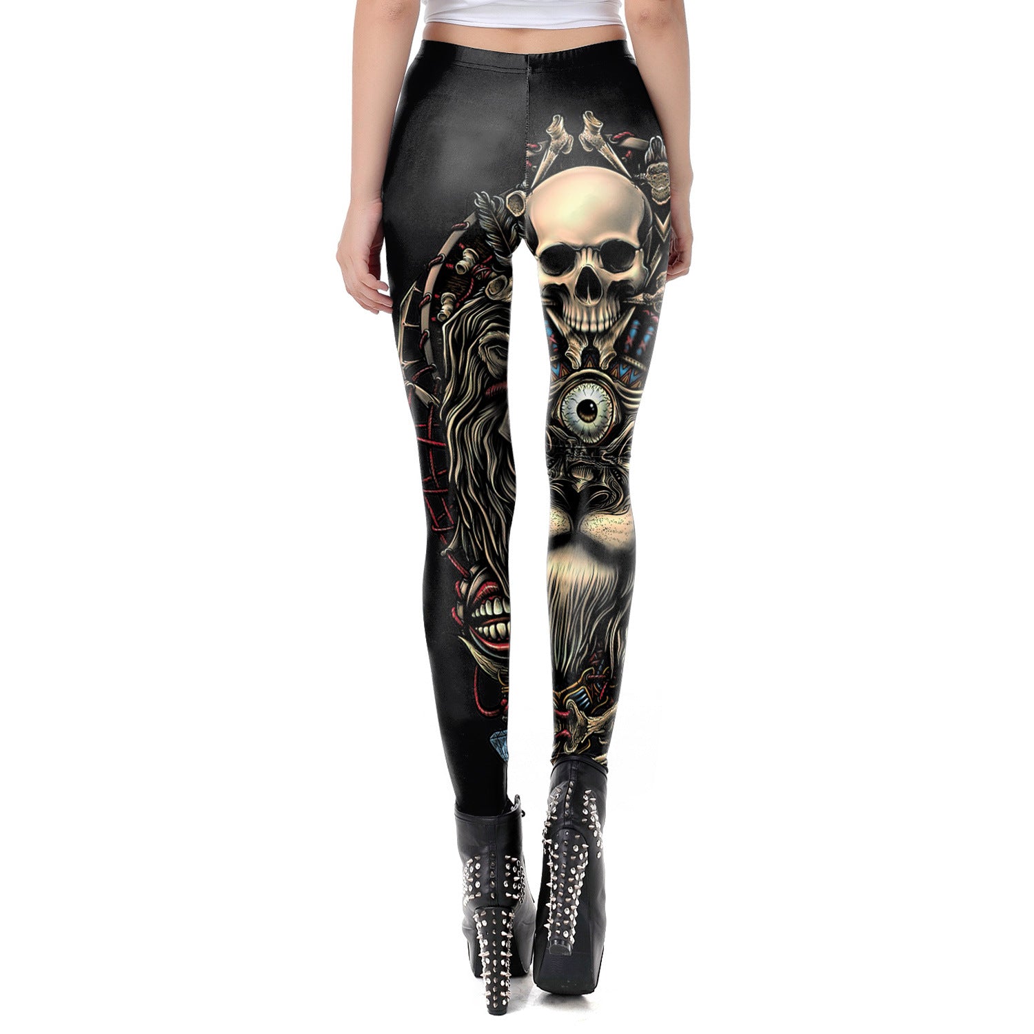 A woman adding a Gothic flair to her outfit with a pair of Maramalive™ Gothic Women's Leggings - Dark Mystic tight pants featuring a skull design.