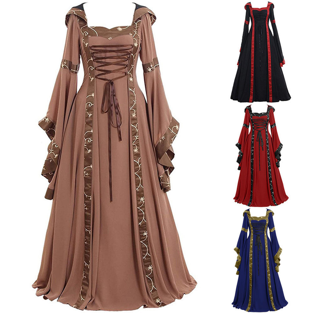 Medieval Retro Hooded Square Neck Tie Dress