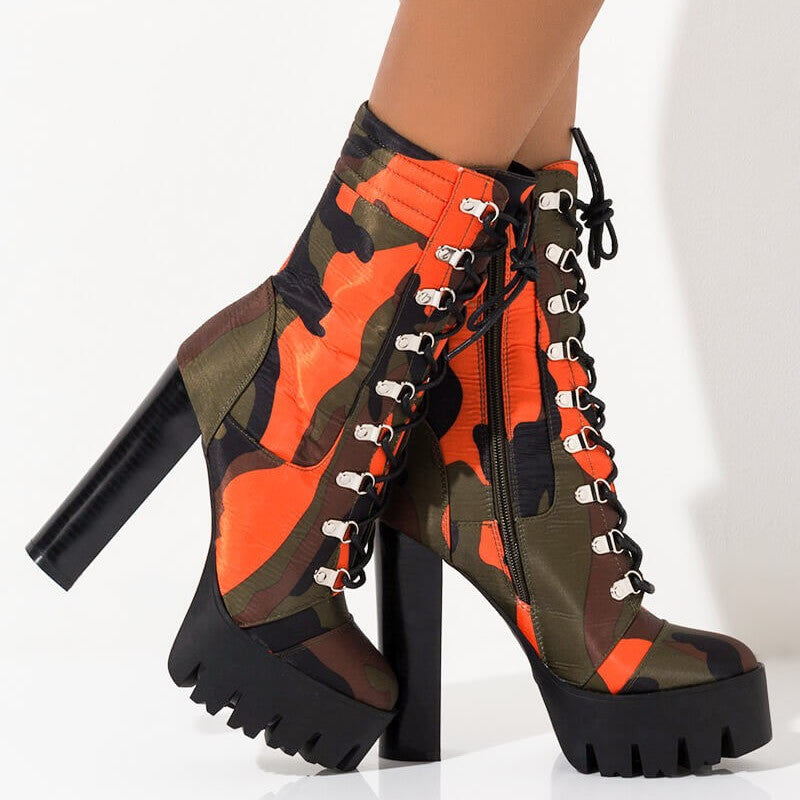 Platform camouflage high heel boots