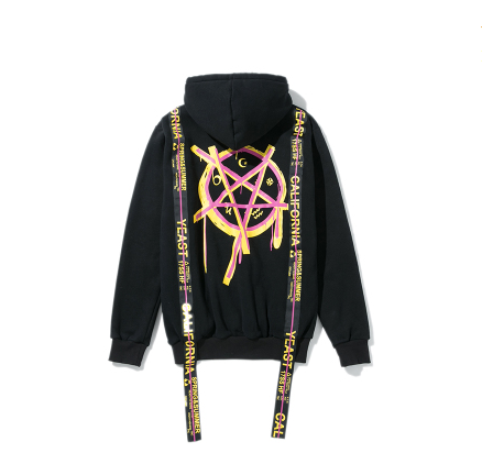 A black hooded sweatshirt with yellow and pink graphic designs on the back, featuring the words "CALIFORNIA" and "YEAST" on attached straps, perfect for adding a touch of street style. The geometric pattern brings a modern twist to this versatile piece. The MAGICIAN HOODIE by Maramalive™ is perfect for adding a touch of street style.