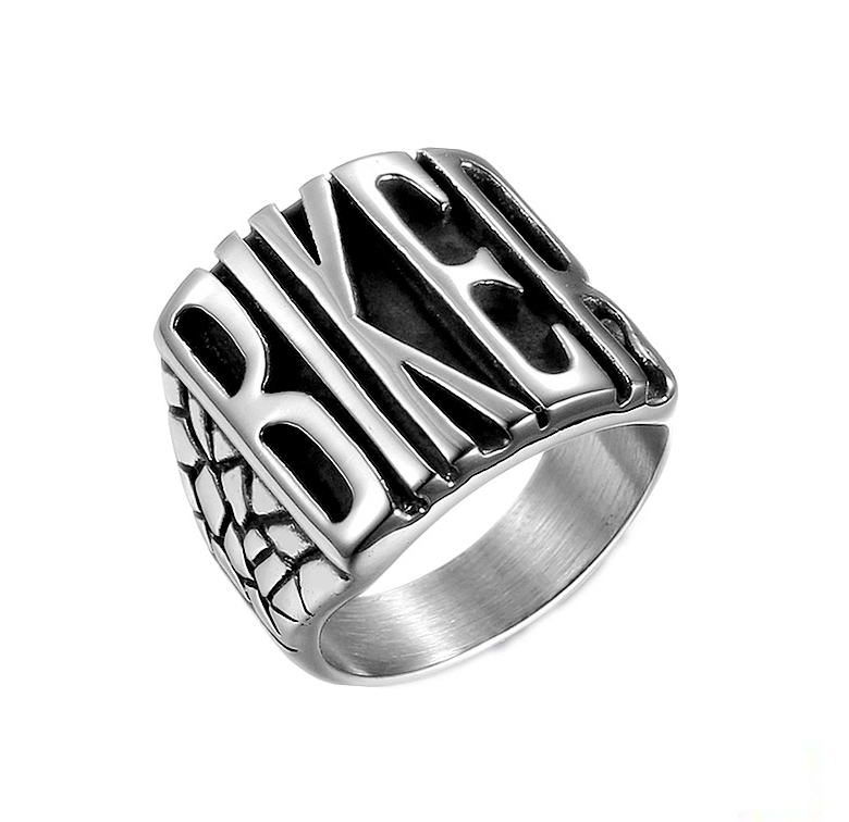 A Speeding Party Punk Men's Biker Ring with the word bike on it, by Maramalive™.