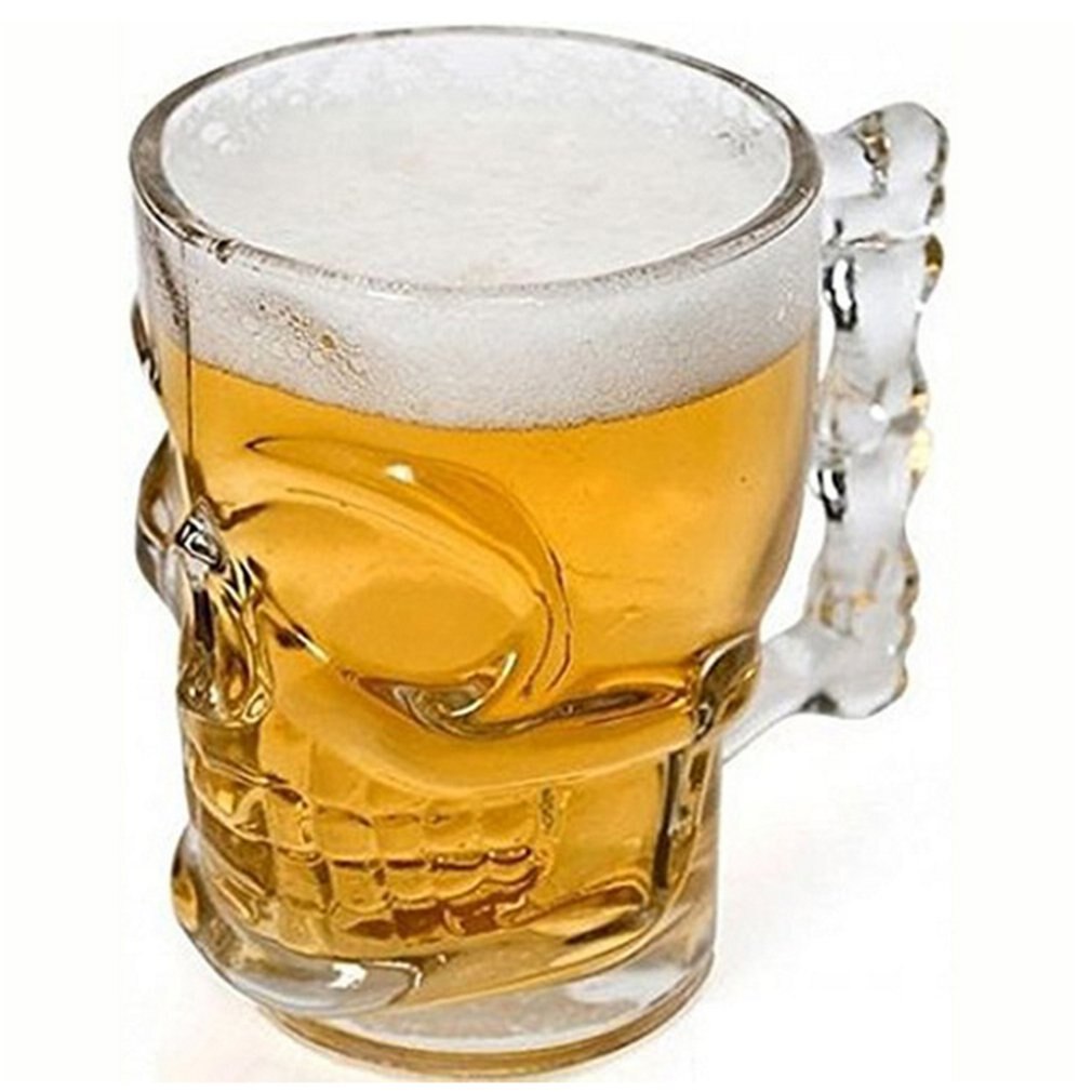 A Crystal Skull Glass beer mug with a skull on it, by Maramalive™.