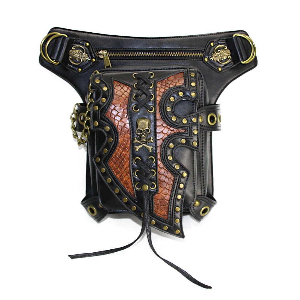 A woman is holding a black Steampunk Motorcycle Bag Shoulder Messenger Bag with skulls and chains, made by Maramalive™.