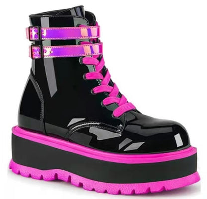 Platform Mid-heel Shiny Leather Zip Boots