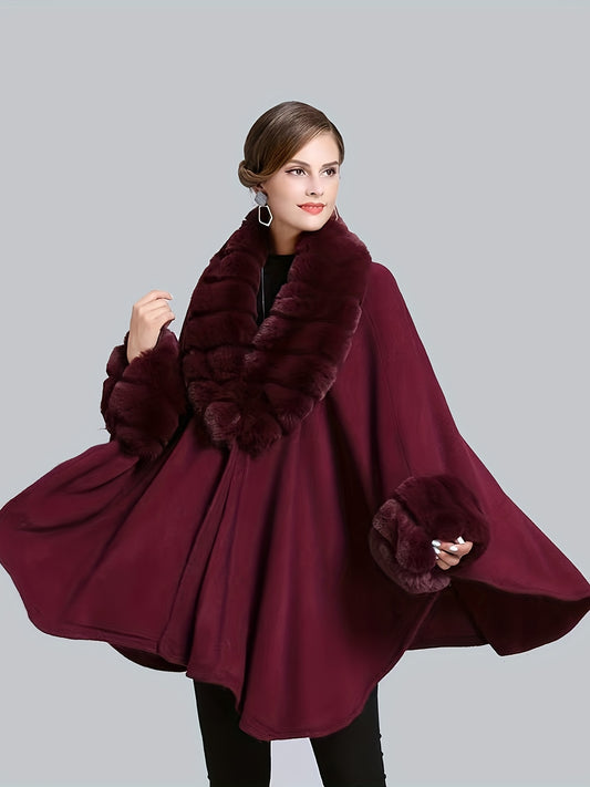 Faux Fur Trim Open Front Coat, Elegant Batwing Sleeve Cape For Fall & Winter, Women's Clothing