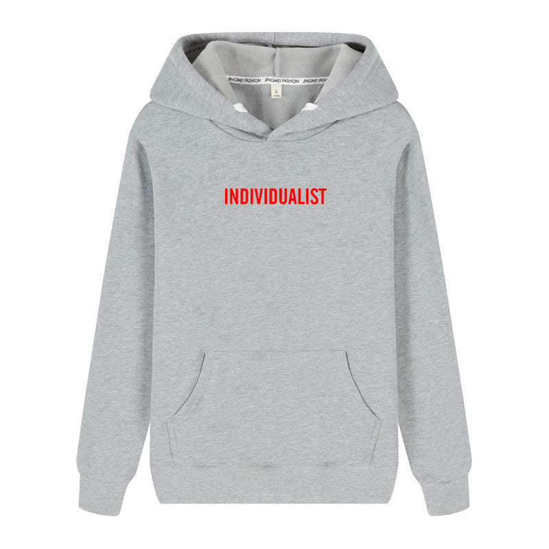 Maramalive™ Hoodie Print hoodie with the word "INDIVIDUALIST" embroidered in red on the front. This hooded sweatshirt features a front pocket, a drawstring hood, and is inspired by luxurious cashmere models. Find your perfect fit with our size chart.