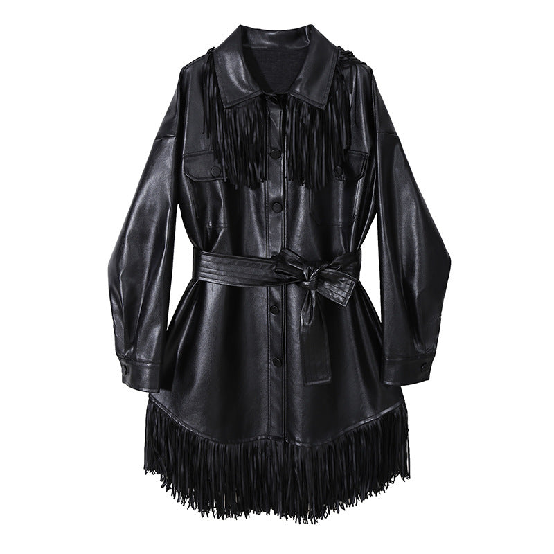 A New style dress lace waist leather skirt with fringes, in black, by Maramalive™.